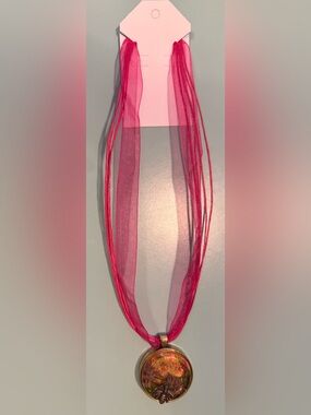 Hot Pink Organza & Cord Multi-Strand Necklace with Dragonfly on Flowers Pendant